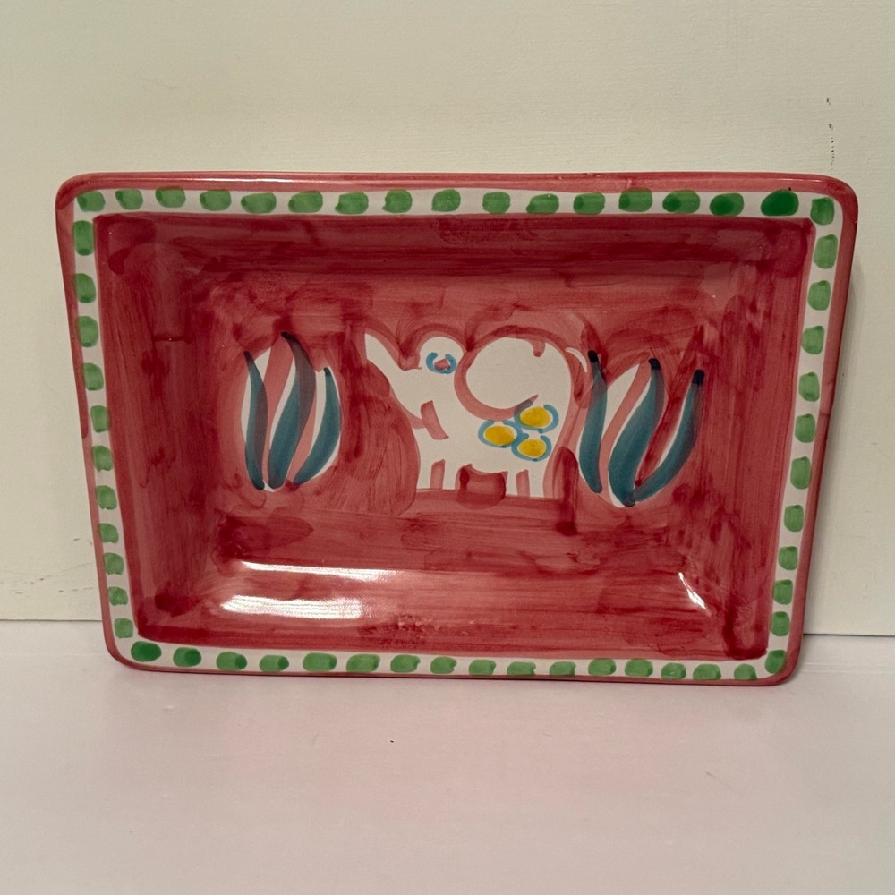 Vietri Red Ceramic Serving Dish with Elephant Motif and Green Border